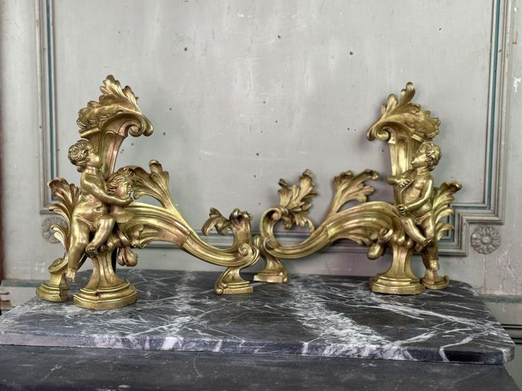 Coppia di chenêts in bronzo dorato e cesellato su modello di Jacques Caffieri, Parigi XIX secolo
