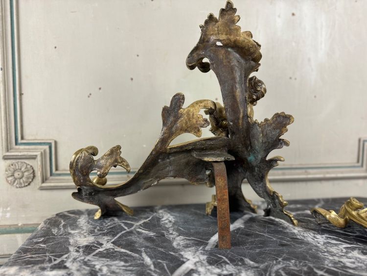 Coppia di chenêts in bronzo dorato e cesellato su modello di Jacques Caffieri, Parigi XIX secolo