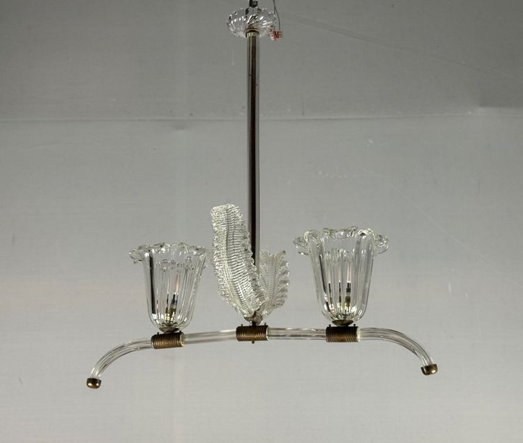 Lustre Vénitien En Verre De Murano Transparent Et Laiton Vers 1950