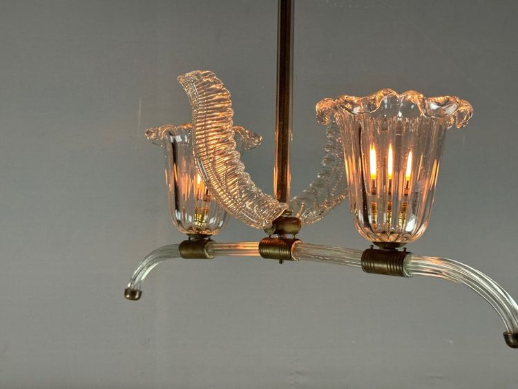 Lustre Vénitien En Verre De Murano Transparent Et Laiton Vers 1950
