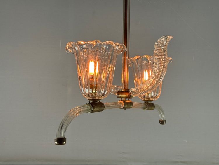 Lustre Vénitien En Verre De Murano Transparent Et Laiton Vers 1950