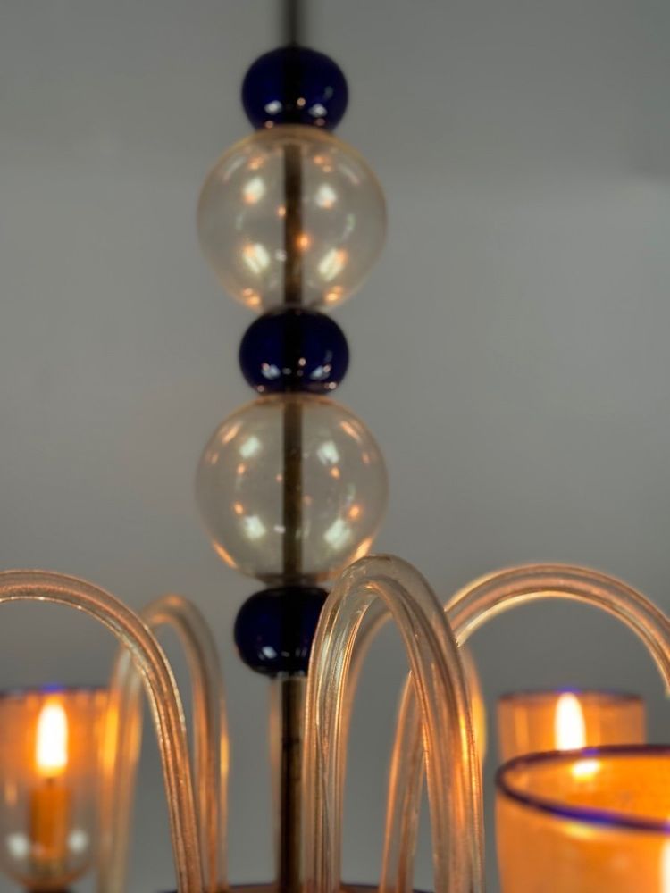 Venetian Chandelier In Gilded And Dark Blue Murano Glass, 5 Light Arms, Circa 1960