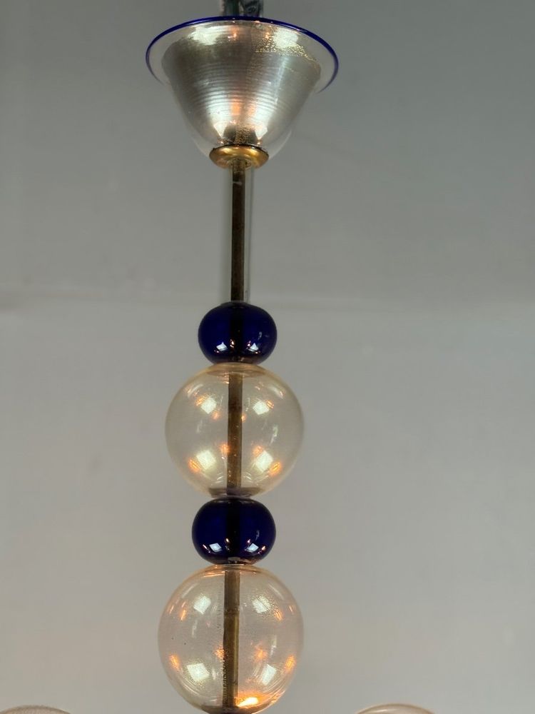 Venetian Chandelier In Gilded And Dark Blue Murano Glass, 5 Light Arms, Circa 1960