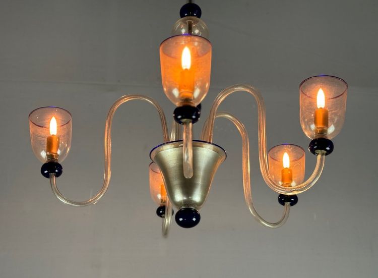 Venetian Chandelier In Gilded And Dark Blue Murano Glass, 5 Light Arms, Circa 1960