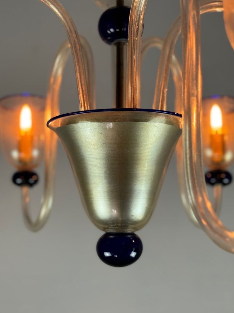 Venetian Chandelier In Gilded And Dark Blue Murano Glass, 5 Light Arms, Circa 1960