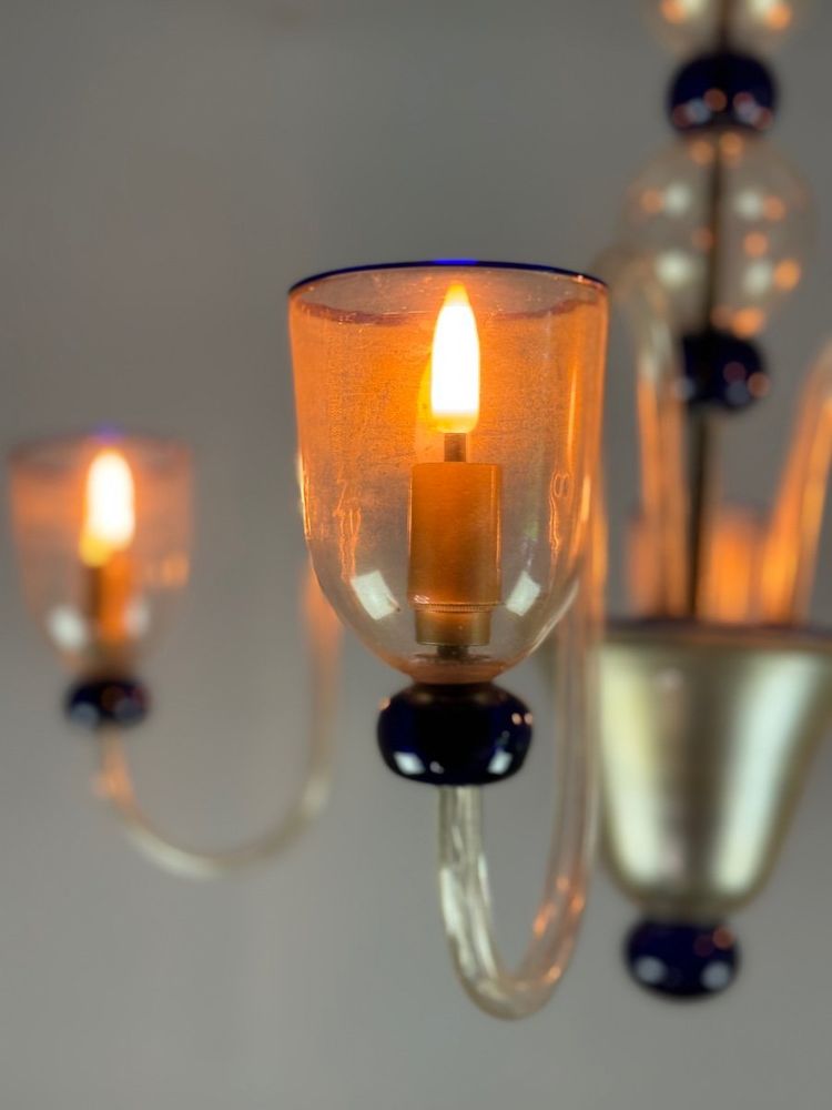 Venetian Chandelier In Gilded And Dark Blue Murano Glass, 5 Light Arms, Circa 1960