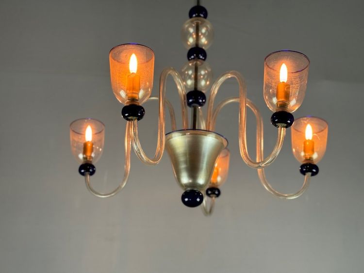 Venetian Chandelier In Gilded And Dark Blue Murano Glass, 5 Light Arms, Circa 1960