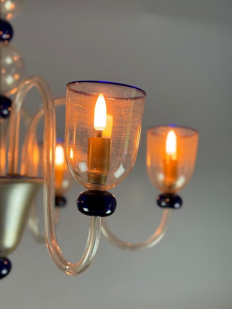 Venetian Chandelier In Gilded And Dark Blue Murano Glass, 5 Light Arms, Circa 1960