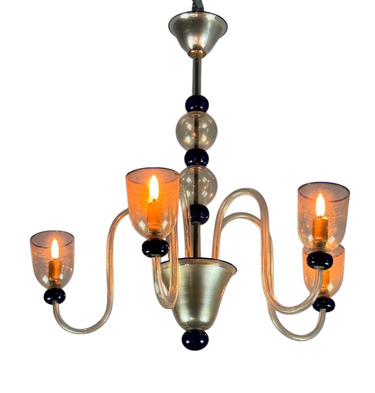 Venetian Chandelier In Gilded And Dark Blue Murano Glass, 5 Light Arms, Circa 1960