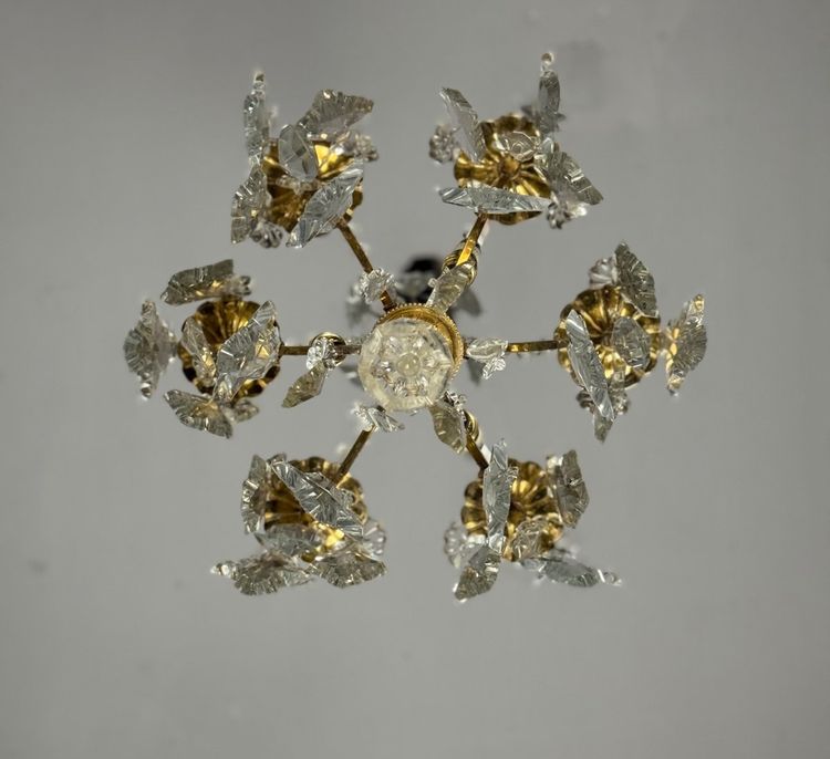 Käfig-Kronleuchter aus vergoldeter Bronze mit Anhängern aus geschliffenem Kristall, um 1900