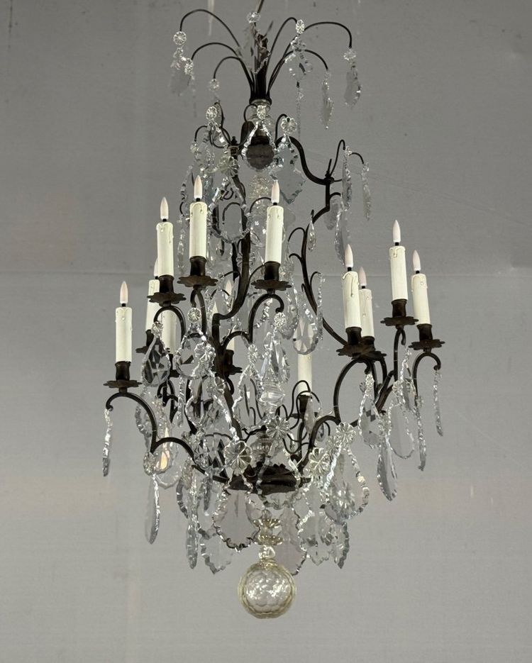 Black Patina Bronze Cage Chandelier Decorated with Cut Crystal Pendants Circa 1900