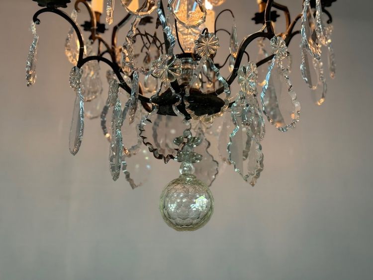 Black Patina Bronze Cage Chandelier Decorated with Cut Crystal Pendants Circa 1900