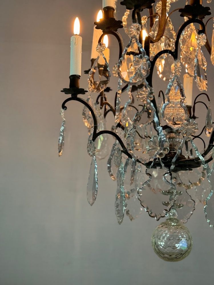 Black Patina Bronze Cage Chandelier Decorated with Cut Crystal Pendants Circa 1900