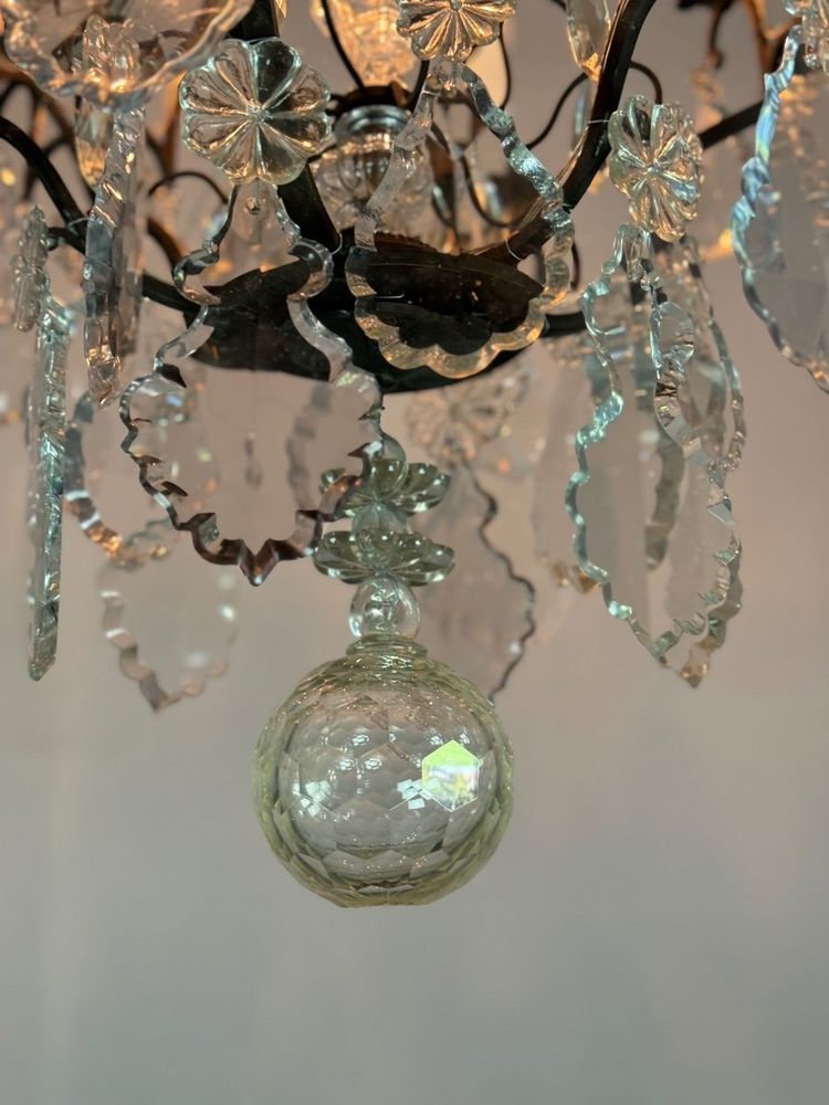 Black Patina Bronze Cage Chandelier Decorated with Cut Crystal Pendants Circa 1900