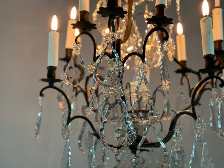 Black Patina Bronze Cage Chandelier Decorated with Cut Crystal Pendants Circa 1900