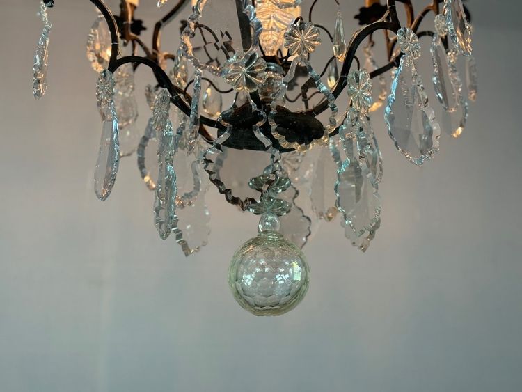 Black Patina Bronze Cage Chandelier Decorated with Cut Crystal Pendants Circa 1900