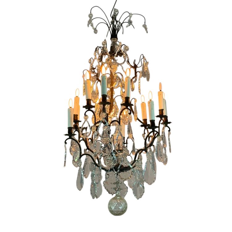 Black Patina Bronze Cage Chandelier Decorated with Cut Crystal Pendants Circa 1900