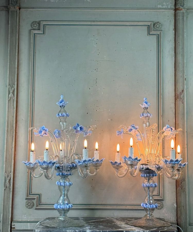 Coppia di lampadari veneziani in vetro di Murano trasparente e blu, circa 1950