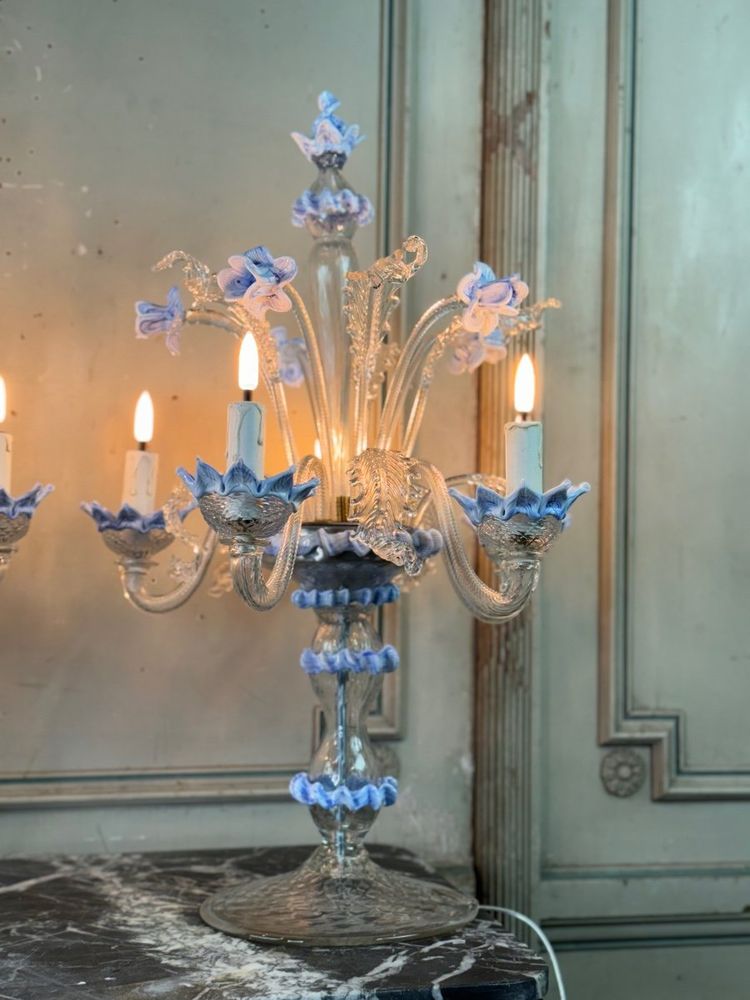 Coppia di lampadari veneziani in vetro di Murano trasparente e blu, circa 1950
