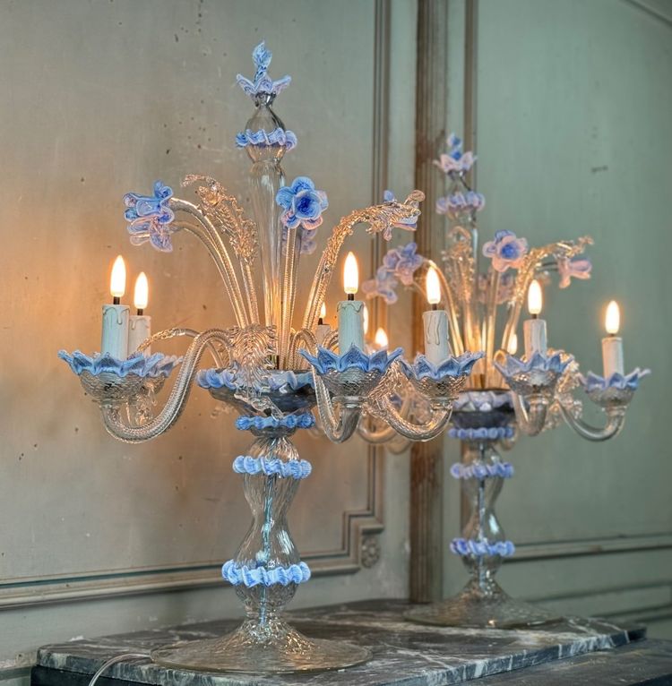 Coppia di lampadari veneziani in vetro di Murano trasparente e blu, circa 1950