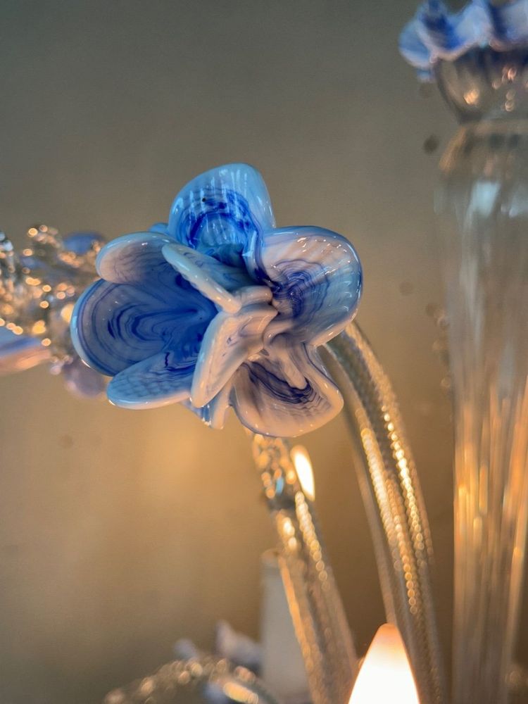 Coppia di lampadari veneziani in vetro di Murano trasparente e blu, circa 1950
