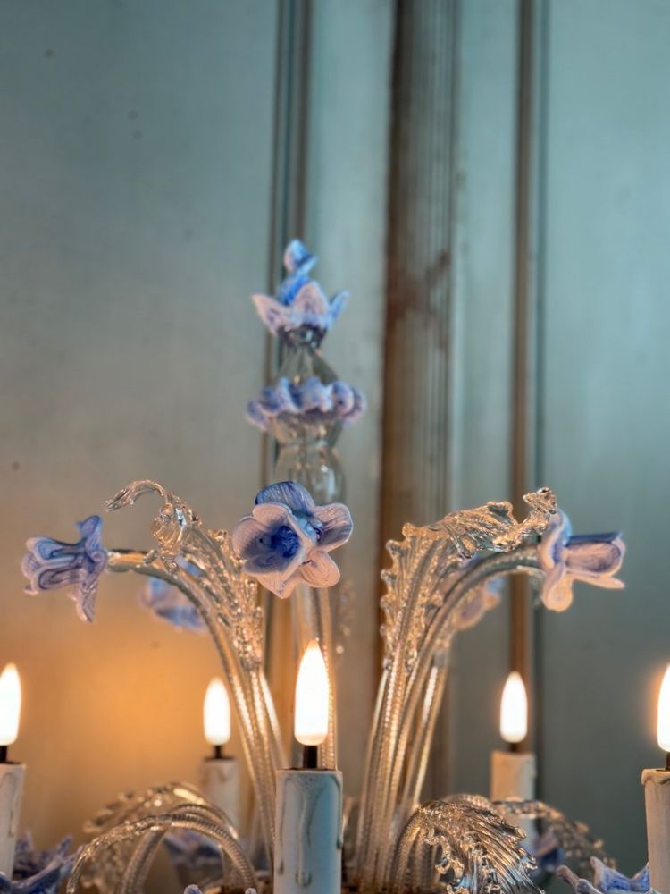 Coppia di lampadari veneziani in vetro di Murano trasparente e blu, circa 1950
