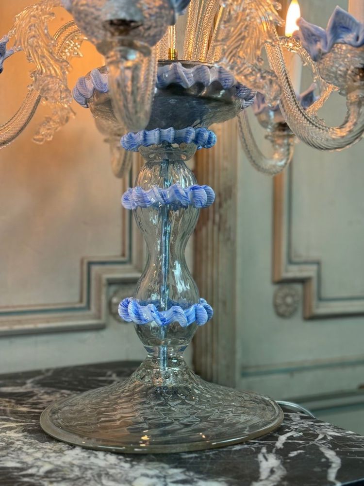 Coppia di lampadari veneziani in vetro di Murano trasparente e blu, circa 1950