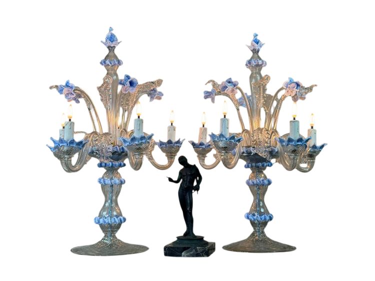 Coppia di lampadari veneziani in vetro di Murano trasparente e blu, circa 1950