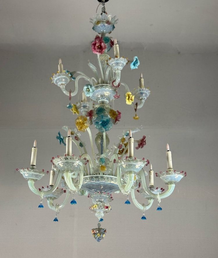Lampadario veneziano in vetro di Murano multicolore, 11 bracci su due livelli, circa 1880