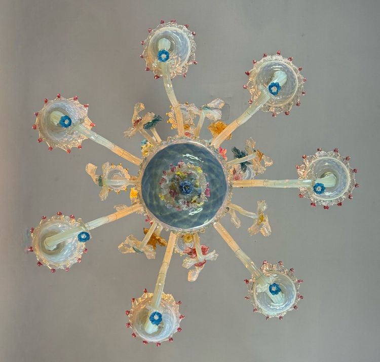 Lampadario veneziano in vetro di Murano multicolore, 11 bracci su due livelli, circa 1880