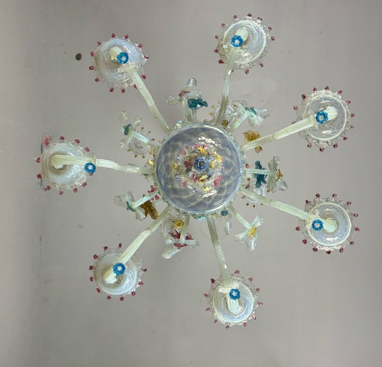 Lampadario veneziano in vetro di Murano multicolore, 11 bracci su due livelli, circa 1880