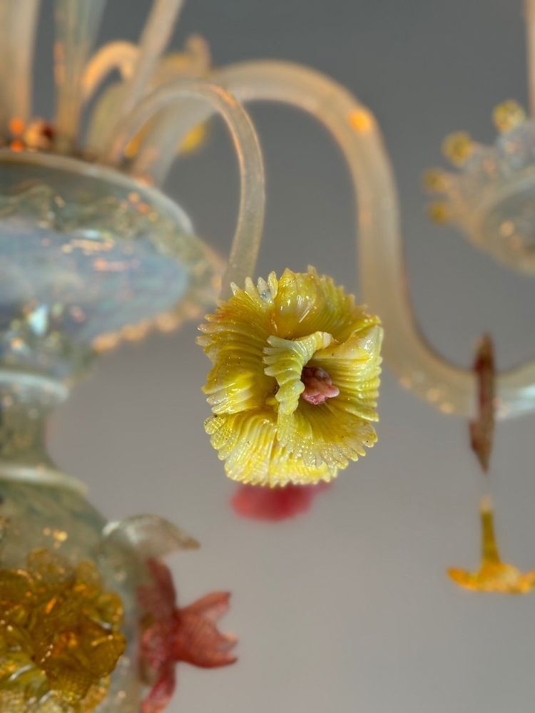 Lampadario veneziano in vetro di Murano multicolore, 11 bracci su due livelli, circa 1880
