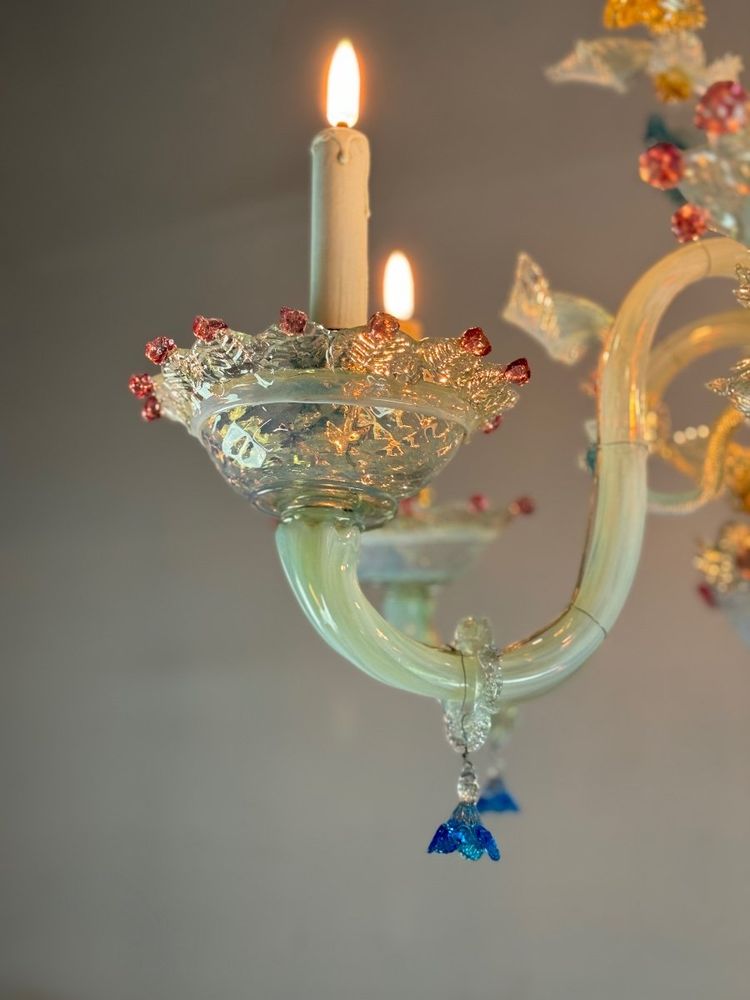 Lampadario veneziano in vetro di Murano multicolore, 11 bracci su due livelli, circa 1880