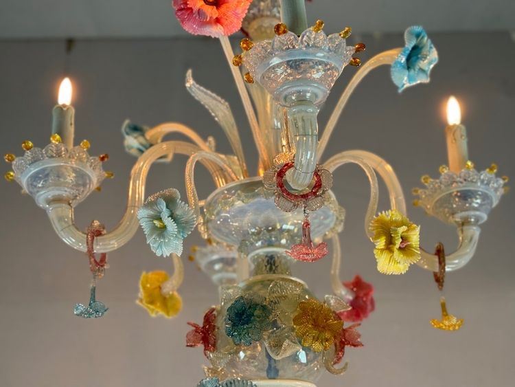 Lampadario veneziano in vetro di Murano multicolore, 11 bracci su due livelli, circa 1880