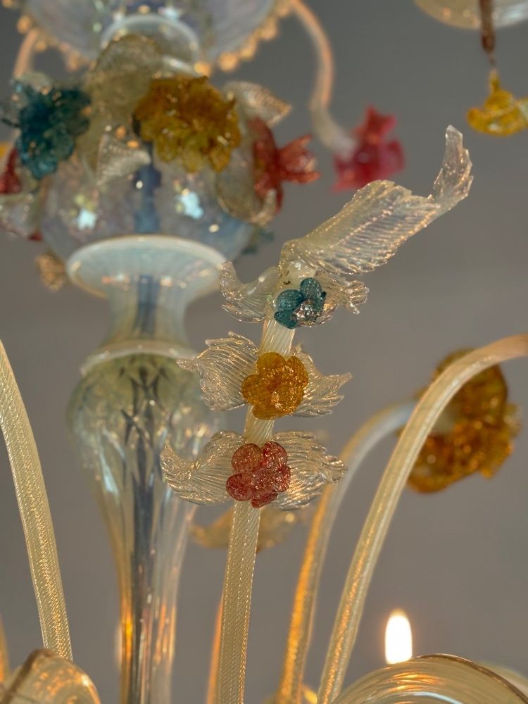 Lampadario veneziano in vetro di Murano multicolore, 11 bracci su due livelli, circa 1880