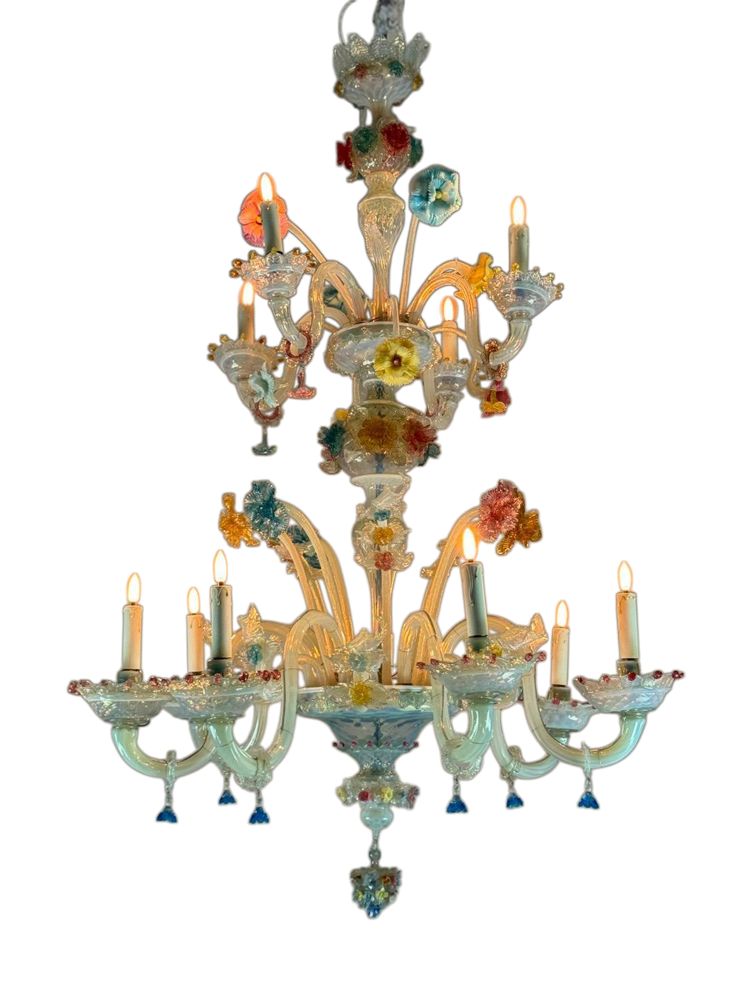 Lampadario veneziano in vetro di Murano multicolore, 11 bracci su due livelli, circa 1880