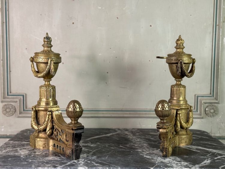 Pair of Louis XVI Style Gilt Bronze Andirons, 19th Century