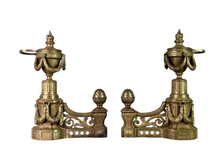 Pair of Louis XVI Style Gilt Bronze Andirons, 19th Century