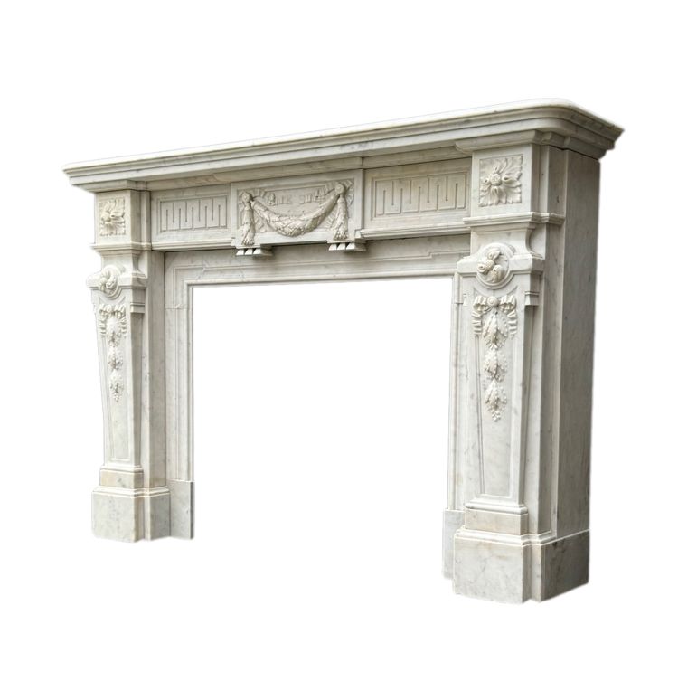 Camino in stile Luigi XVI in marmo bianco di Carrara, circa 1880