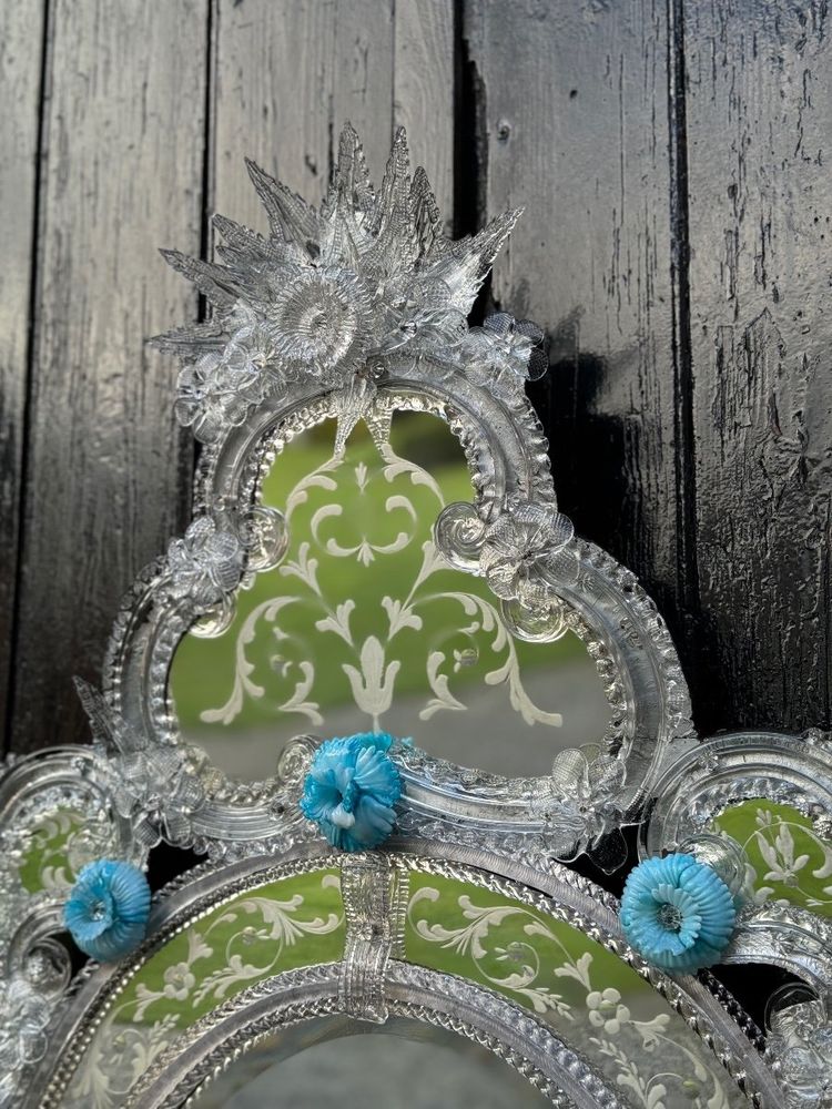Venetian Mirror in Colorless and Blue Murano Glass