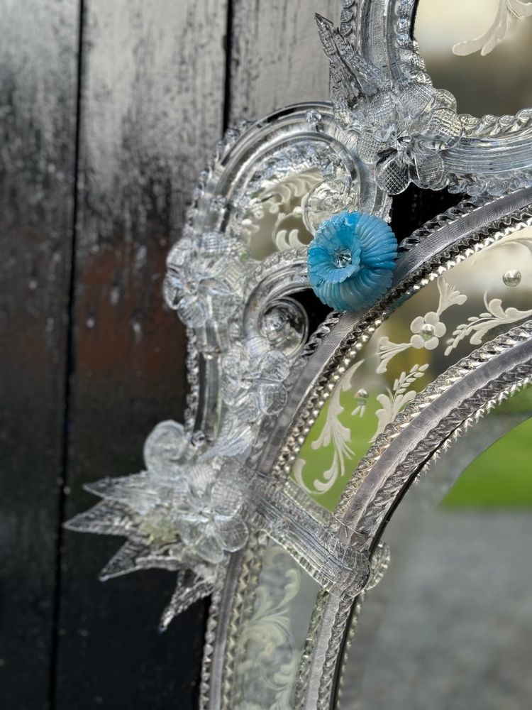 Venetian Mirror in Colorless and Blue Murano Glass