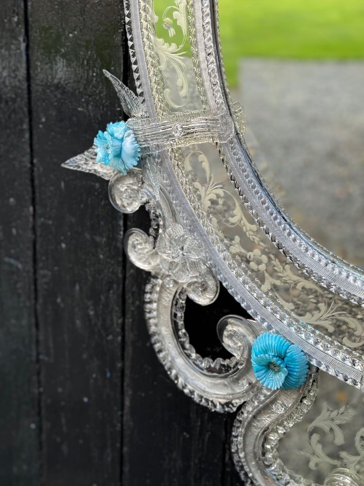 Venetian Mirror in Colorless and Blue Murano Glass