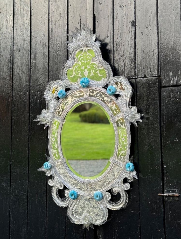 Venetian Mirror in Colorless and Blue Murano Glass