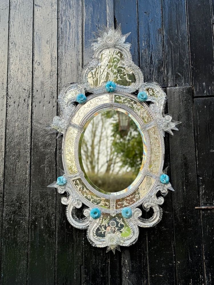 Venetian Mirror in Colorless and Blue Murano Glass