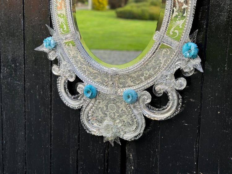 Venetian Mirror in Colorless and Blue Murano Glass