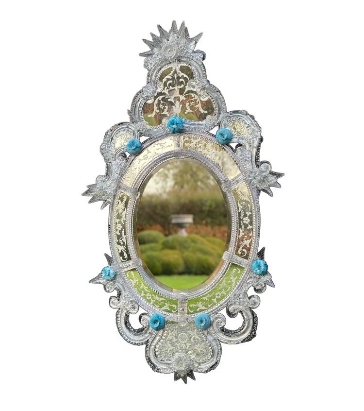 Venetian Mirror in Colorless and Blue Murano Glass