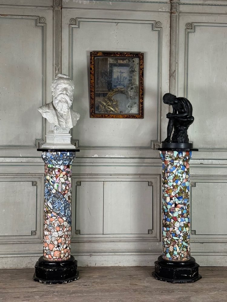 Pair of Columns Decorated with Fragments of Earthenware and Porcelain, Folk Art Circa 1900