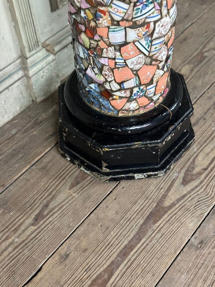 Pair of Columns Decorated with Fragments of Earthenware and Porcelain, Folk Art Circa 1900