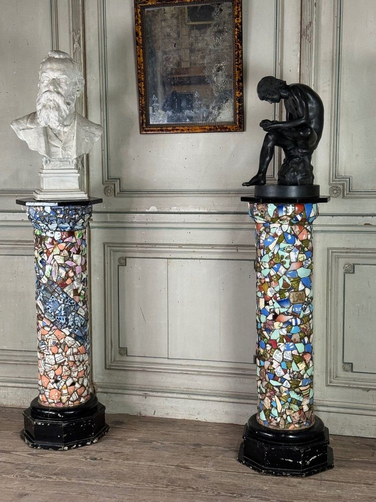 Pair of Columns Decorated with Fragments of Earthenware and Porcelain, Folk Art Circa 1900