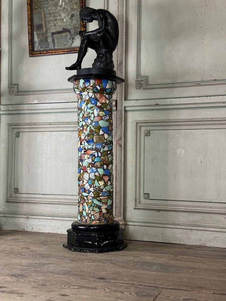 Pair of Columns Decorated with Fragments of Earthenware and Porcelain, Folk Art Circa 1900